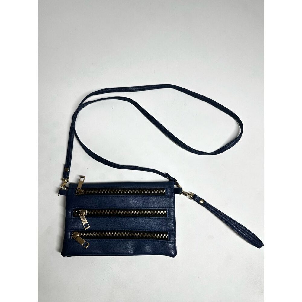 3 zippers Crossbody Messenger Bag Wallet 6 Slot Cards Wristlet Faux Leather Blue